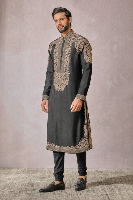 Shop_Tarun Tahiliani_Black Tussar, Viscose Zari, Embroidery Floral Hand Kurta With Churidar _Online_at_Aza_Fashions