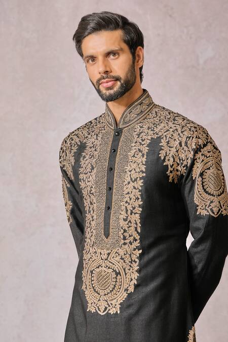 Tarun Tahiliani_Black Tussar, Viscose Zari, Embroidery Floral Hand Kurta With Churidar _at_Aza_Fashions