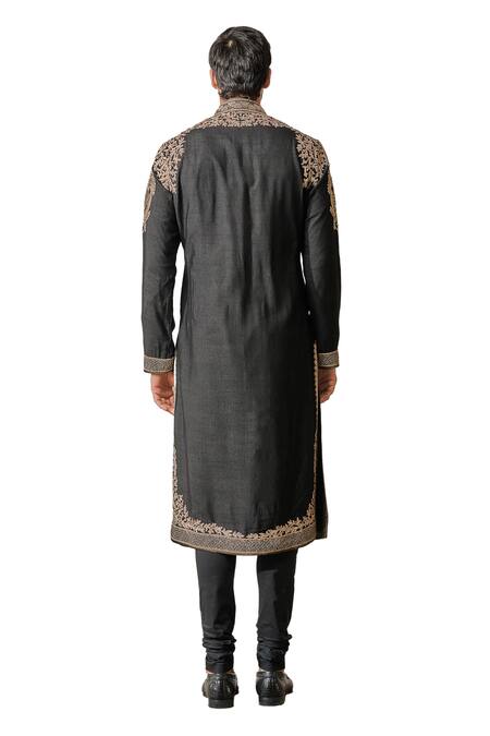 Buy_Tarun Tahiliani_Black Tussar, Viscose Zari, Embroidery Floral Hand Kurta With Churidar 