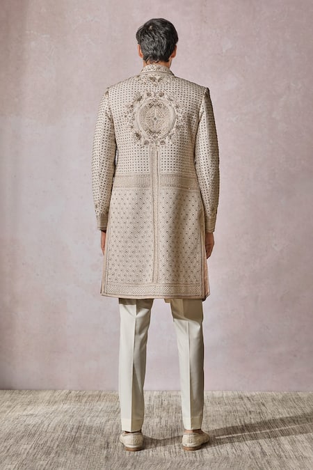 Tarun Tahiliani Flower Pearl Embroidered Sherwani Trouser Set 