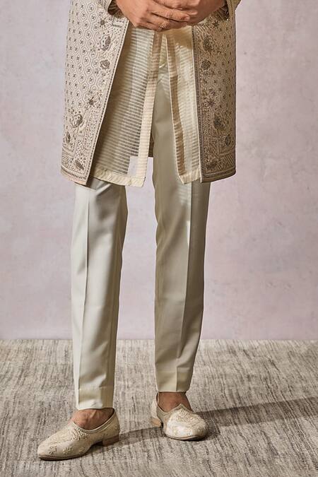 Buy_Tarun Tahiliani_Ivory Georgette Pearls, Sequins Flower Embroidered Sherwani Trouser Set _Online_at_Aza_Fashions