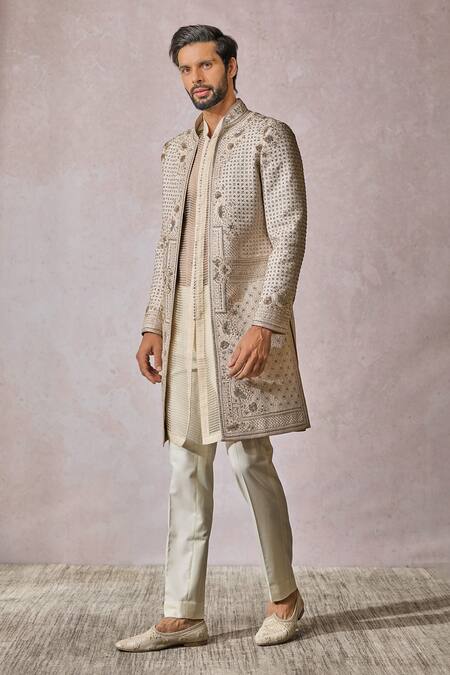 Shop_Tarun Tahiliani_Ivory Georgette Pearls, Sequins Flower Embroidered Sherwani Trouser Set _Online_at_Aza_Fashions