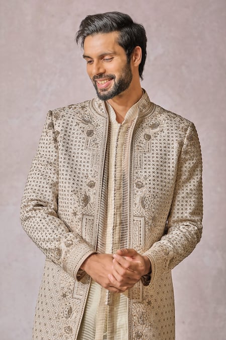 Tarun Tahiliani_Ivory Georgette Pearls, Sequins Flower Embroidered Sherwani Trouser Set _at_Aza_Fashions