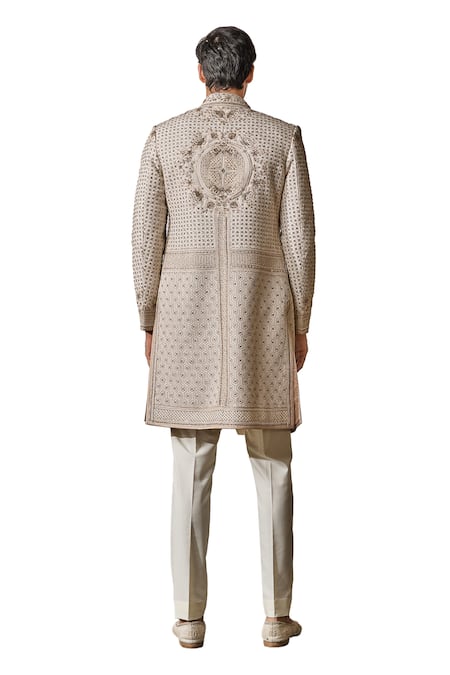 Buy_Tarun Tahiliani_Ivory Georgette Pearls, Sequins Flower Embroidered Sherwani Trouser Set 