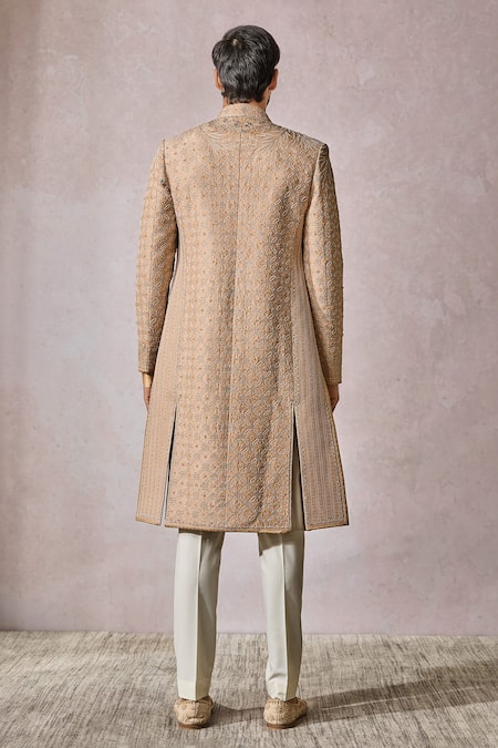 Shop_Tarun Tahiliani_Beige Silk Dupion Embroidery Floral Geometric Hand Sherwani Trouser Set _at_Aza_Fashions