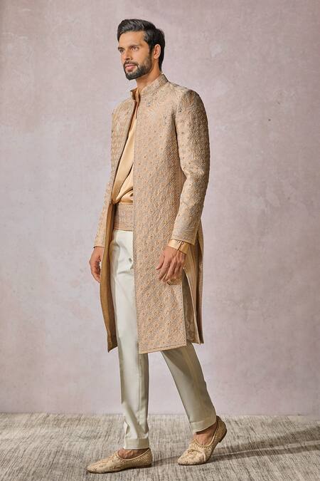 Tarun Tahiliani_Beige Silk Dupion Embroidery Floral Geometric Hand Sherwani Trouser Set _Online_at_Aza_Fashions