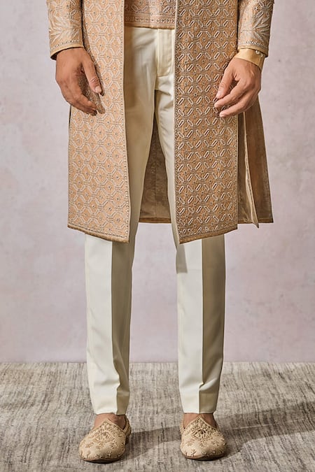 Buy_Tarun Tahiliani_Beige Silk Dupion Embroidery Floral Geometric Hand Sherwani Trouser Set _Online_at_Aza_Fashions