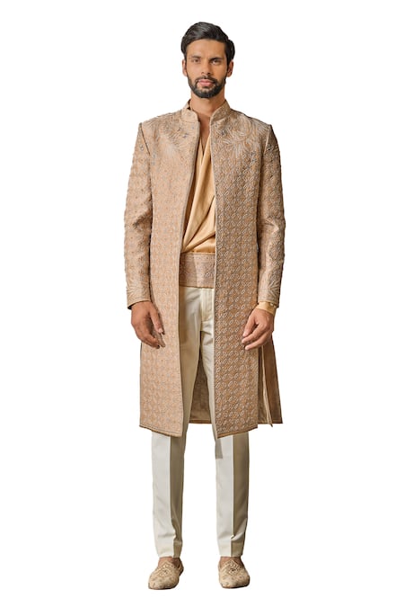 Shop_Tarun Tahiliani_Beige Silk Dupion Embroidery Floral Geometric Hand Sherwani Trouser Set _Online_at_Aza_Fashions