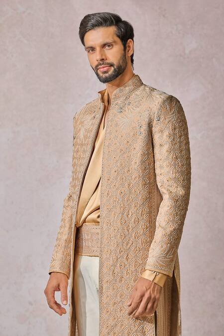 Tarun Tahiliani_Beige Silk Dupion Embroidery Floral Geometric Hand Sherwani Trouser Set _at_Aza_Fashions