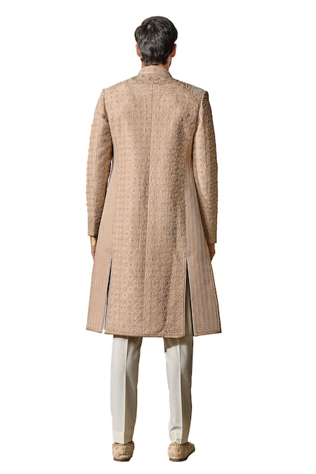 Buy_Tarun Tahiliani_Beige Silk Dupion Embroidery Floral Geometric Hand Sherwani Trouser Set 