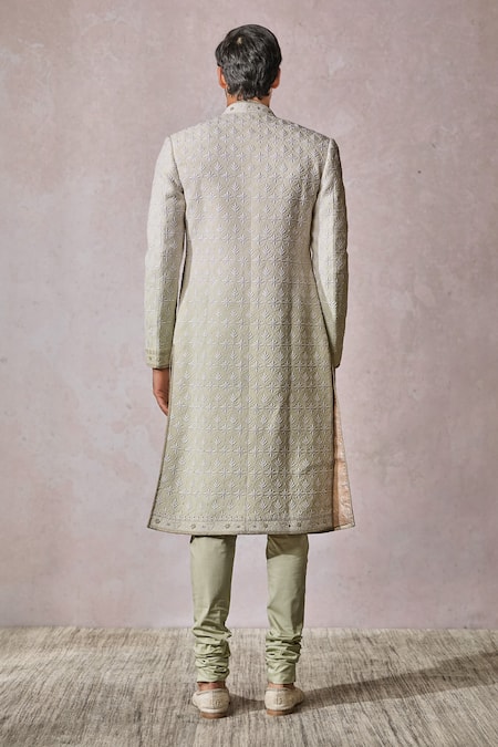 Shop_Tarun Tahiliani_Beige Suede, Cotton Embroidery Flower Bloom Sherwani Trouser Set _at_Aza_Fashions