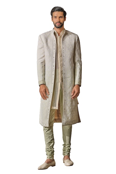 Tarun Tahiliani_Beige Suede, Cotton Embroidery Flower Bloom Sherwani Trouser Set _Online_at_Aza_Fashions