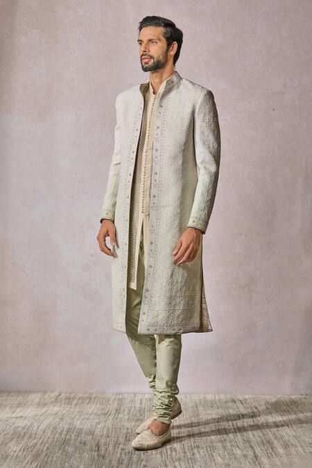 Buy_Tarun Tahiliani_Beige Suede, Cotton Embroidery Flower Bloom Sherwani Trouser Set _Online_at_Aza_Fashions