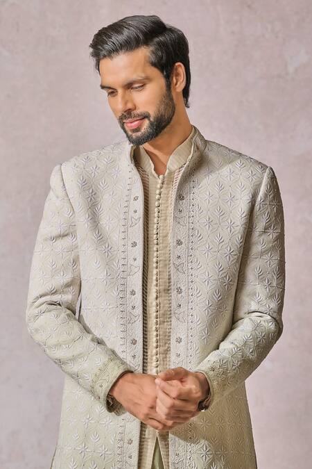 Shop_Tarun Tahiliani_Beige Suede, Cotton Embroidery Flower Bloom Sherwani Trouser Set _Online_at_Aza_Fashions