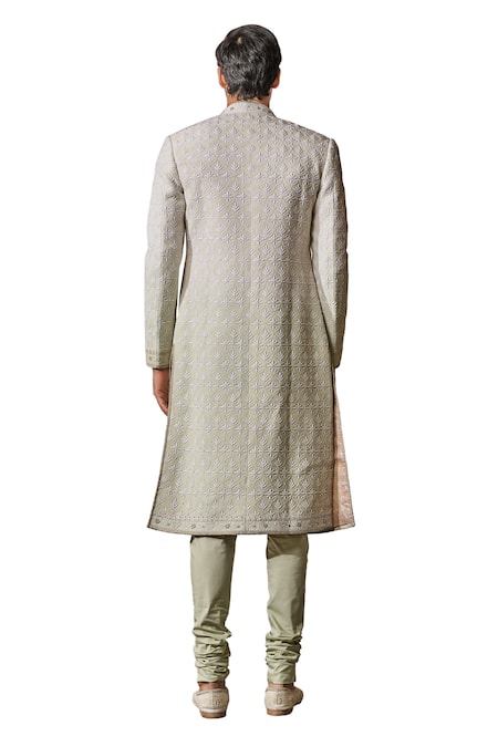 Tarun Tahiliani_Beige Suede, Cotton Embroidery Flower Bloom Sherwani Trouser Set _at_Aza_Fashions