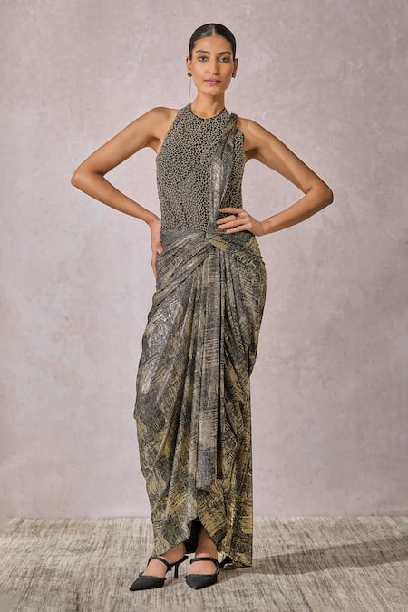 Tarun Tahiliani Black Concept Saree Foil Jersey Embellished Pearl Metallic With Corset 