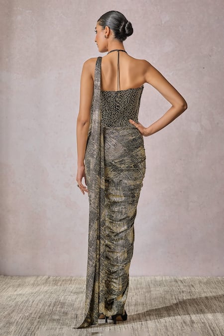 Shop_Tarun Tahiliani_Black Faux Leather, Jersey Metallic Foil Concept Saree With Embellished Corset _at_Aza_Fashions
