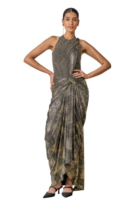 Tarun Tahiliani_Black Faux Leather, Jersey Metallic Foil Concept Saree With Embellished Corset _Online_at_Aza_Fashions