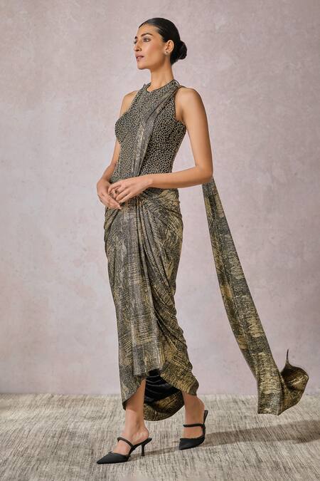 Shop_Tarun Tahiliani_Black Faux Leather, Jersey Metallic Foil Concept Saree With Embellished Corset _Online_at_Aza_Fashions