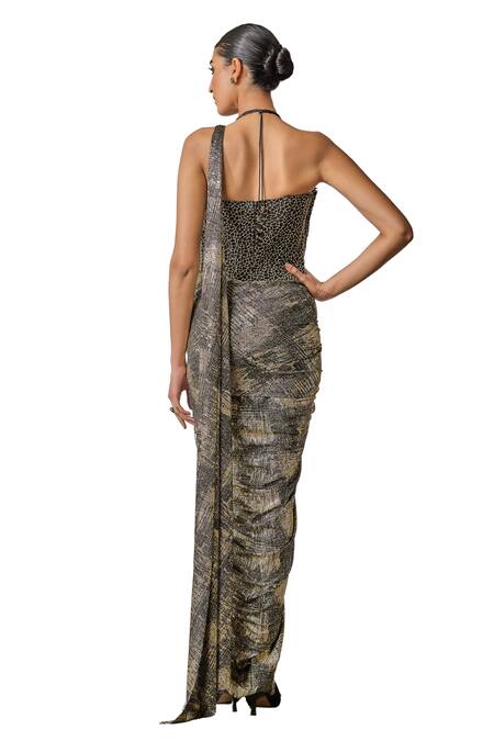 Tarun Tahiliani_Black Faux Leather, Jersey Metallic Foil Concept Saree With Embellished Corset _at_Aza_Fashions