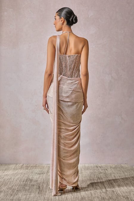 Shop_Tarun Tahiliani_Pink Jersey Pearls, Beads Halter Neck Metallic Concept Saree With Corset _at_Aza_Fashions