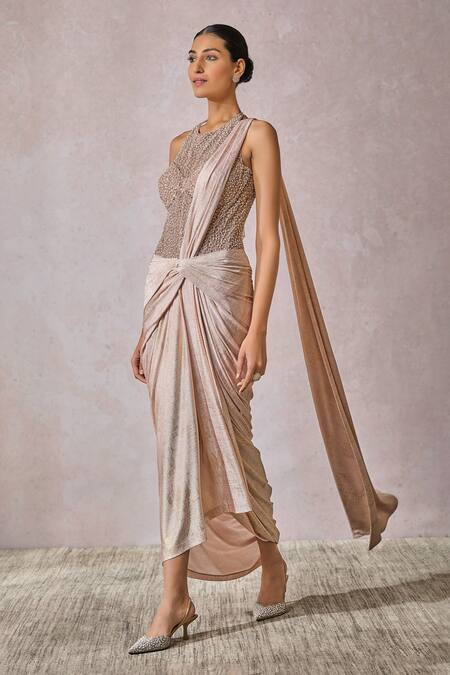 Tarun Tahiliani_Pink Jersey Pearls, Beads Halter Neck Metallic Concept Saree With Corset _Online_at_Aza_Fashions