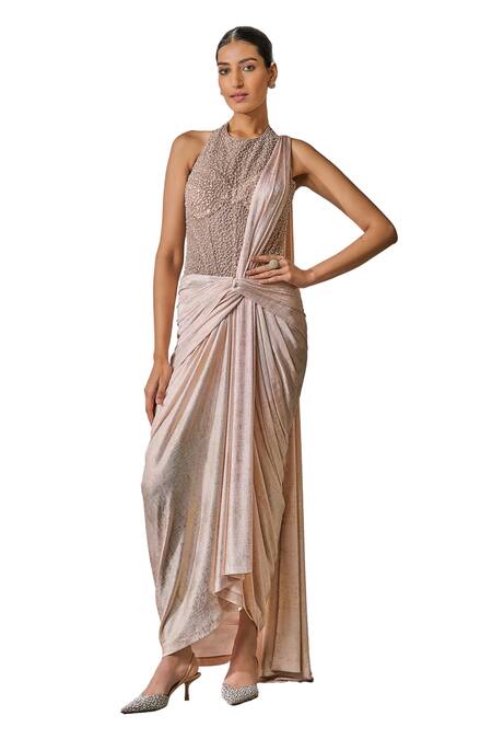 Buy_Tarun Tahiliani_Pink Jersey Pearls, Beads Halter Neck Metallic Concept Saree With Corset _Online_at_Aza_Fashions