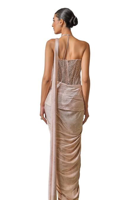 Tarun Tahiliani_Pink Jersey Pearls, Beads Halter Neck Metallic Concept Saree With Corset _at_Aza_Fashions