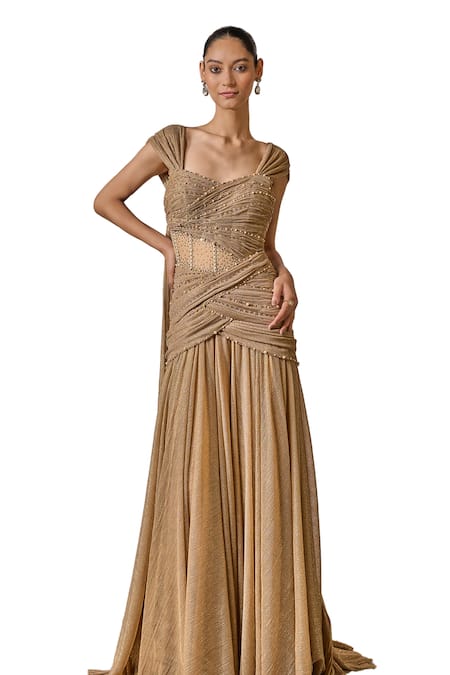 Tarun Tahiliani_Gold Crinkle Net Embellished Crystal Sweetheart Neck Fluted Gown _Online_at_Aza_Fashions