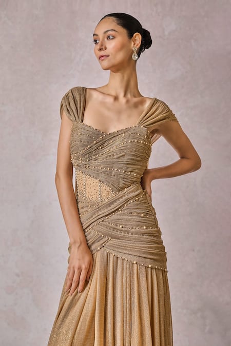 Buy_Tarun Tahiliani_Gold Crinkle Net Embellished Crystal Sweetheart Neck Fluted Gown _Online_at_Aza_Fashions