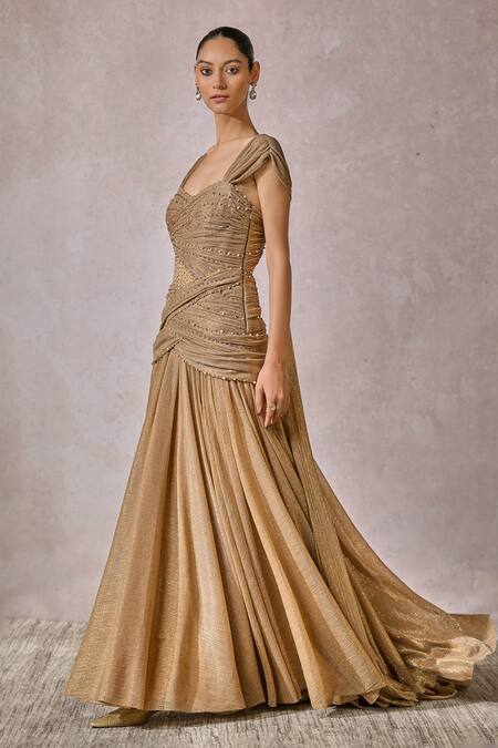 Shop_Tarun Tahiliani_Gold Crinkle Net Embellished Crystal Sweetheart Neck Fluted Gown _Online_at_Aza_Fashions