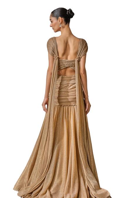 Tarun Tahiliani_Gold Crinkle Net Embellished Crystal Sweetheart Neck Fluted Gown _at_Aza_Fashions