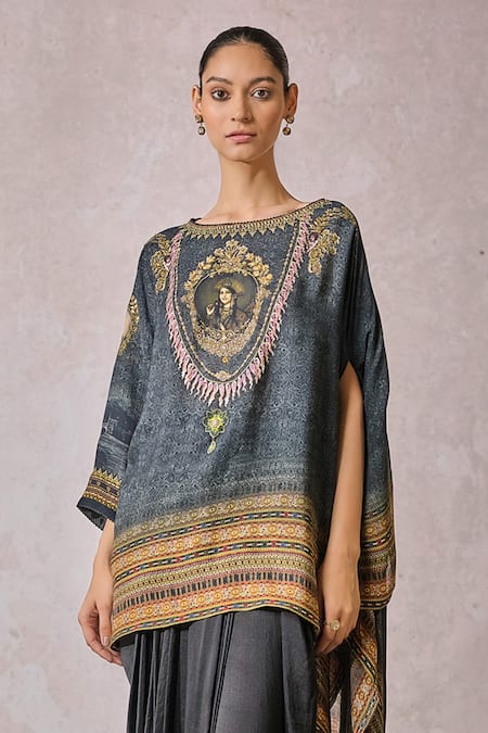 Tarun Tahiliani_Black Georgette Crystals, Smocking, Tassels Boat Neck Figurine Print Top _Online_at_Aza_Fashions