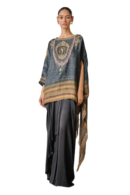 Buy_Tarun Tahiliani_Black Georgette Crystals, Smocking, Tassels Boat Neck Figurine Print Top _Online_at_Aza_Fashions