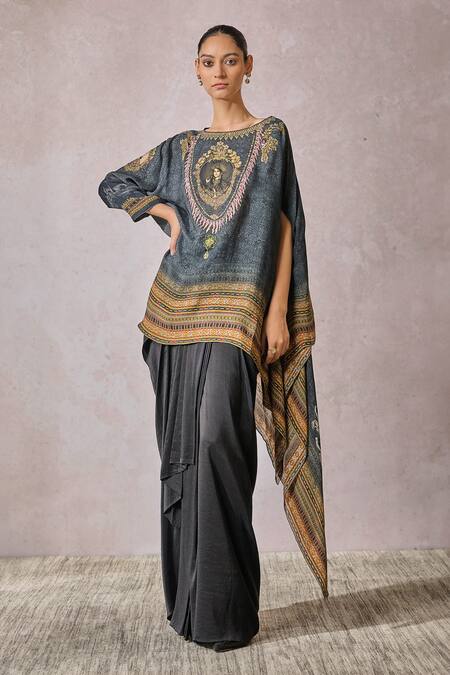 Shop_Tarun Tahiliani_Black Georgette Crystals, Smocking, Tassels Boat Neck Figurine Print Top _Online_at_Aza_Fashions