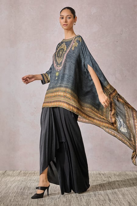 Tarun Tahiliani_Black Georgette Crystals, Smocking, Tassels Boat Neck Figurine Print Top _at_Aza_Fashions