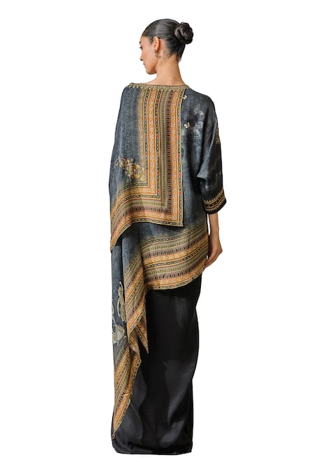 Buy_Tarun Tahiliani_Black Georgette Crystals, Smocking, Tassels Boat Neck Figurine Print Top 