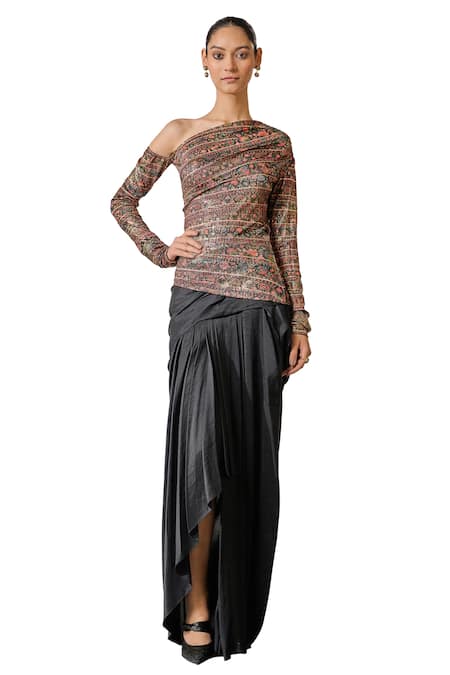 Tarun Tahiliani_Black Jersey Asymmetric Abstract Floral Print T-shirt _Online_at_Aza_Fashions