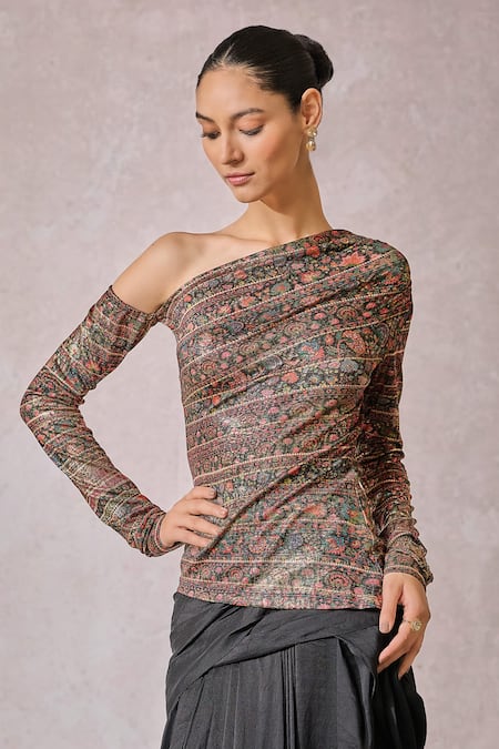 Buy_Tarun Tahiliani_Black Jersey Asymmetric Abstract Floral Print T-shirt _Online_at_Aza_Fashions