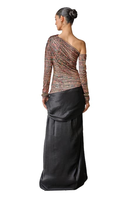 Tarun Tahiliani_Black Jersey Asymmetric Abstract Floral Print T-shirt _at_Aza_Fashions
