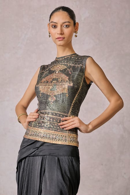 Buy_Tarun Tahiliani_Black Jersey Crystals, Embroidery High Neck Metallic Printed T-shirt _Online_at_Aza_Fashions