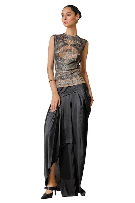 Shop_Tarun Tahiliani_Black Jersey Crystals, Embroidery High Neck Metallic Printed T-shirt _Online_at_Aza_Fashions