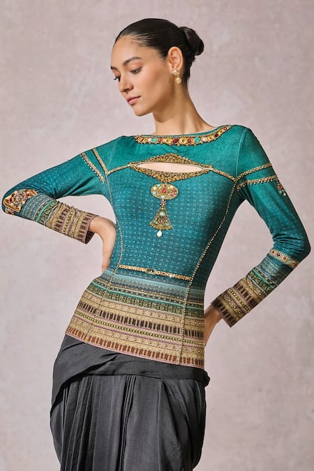 Buy_Tarun Tahiliani_Green Jersey Crystals, Stones Boat Neck Metallic Jewel Print T-shirt _Online_at_Aza_Fashions
