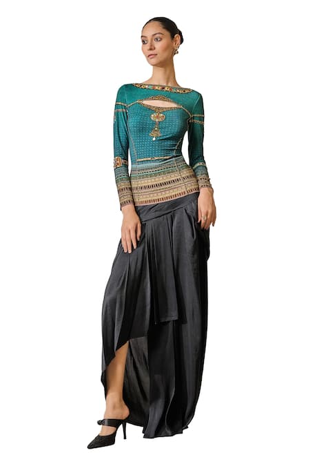 Tarun Tahiliani_Green Jersey Crystals, Stones Boat Neck Metallic Jewel Print T-shirt _at_Aza_Fashions