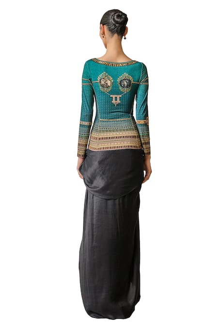 Buy_Tarun Tahiliani_Green Jersey Crystals, Stones Boat Neck Metallic Jewel Print T-shirt 