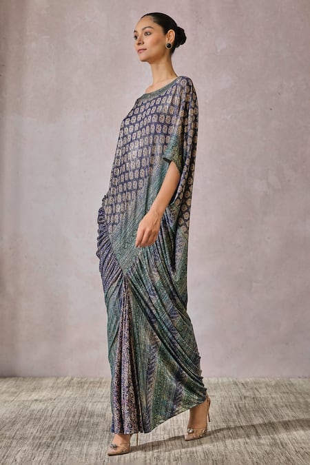 Buy_Tarun Tahiliani_Green Foil Jersey Printed Phulkari Round Neck Kaftan _Online_at_Aza_Fashions