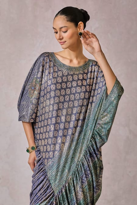 Shop_Tarun Tahiliani_Green Foil Jersey Printed Phulkari Round Neck Kaftan _Online_at_Aza_Fashions