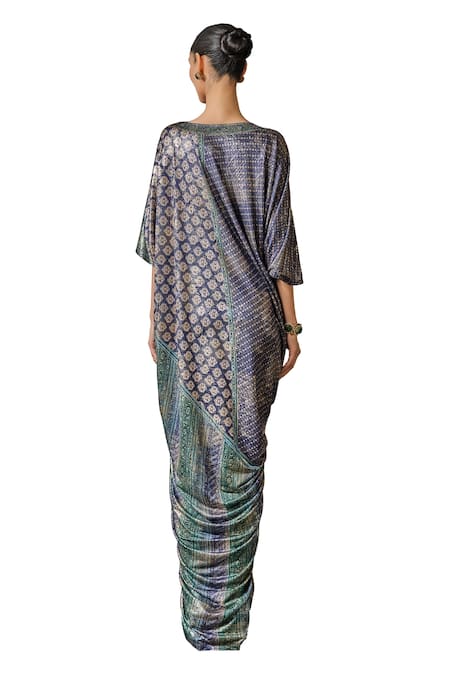 Tarun Tahiliani_Green Foil Jersey Printed Phulkari Round Neck Kaftan _at_Aza_Fashions