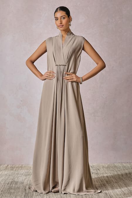 Tarun Tahiliani Silver Double Viscose Georgette Embroidery Swarovski V Neck Draped Dress 