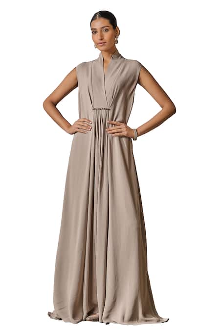 Tarun Tahiliani_Silver Georgette Crystals V-neck Swarovski Embroidered Draped Dress _Online_at_Aza_Fashions